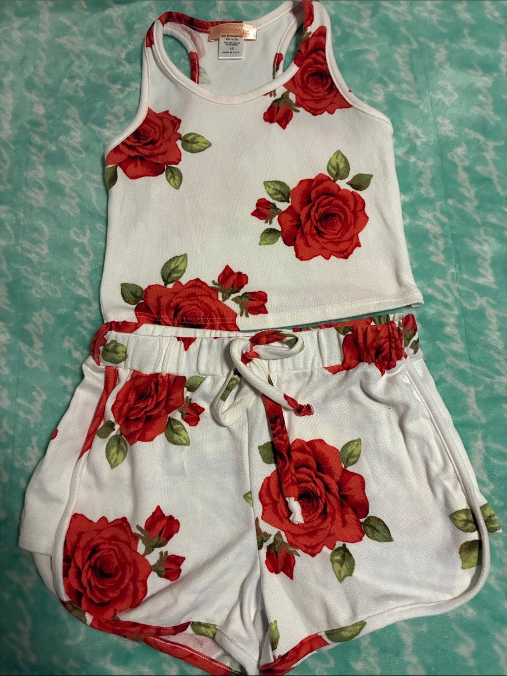Girls White Floral Tank & Shorts Set with Red Rose Print